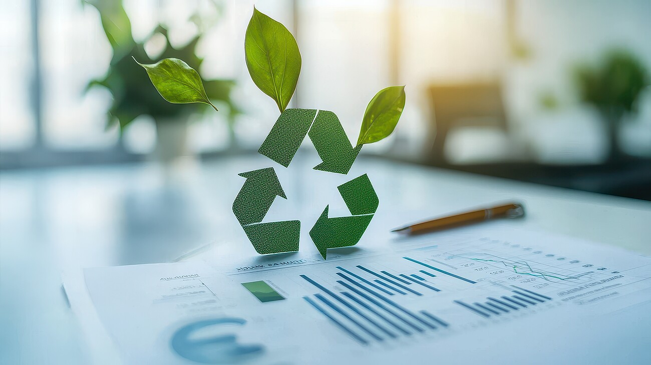 Sustainable growth concept featuring green leaves and recycling symbol on financial documents.
