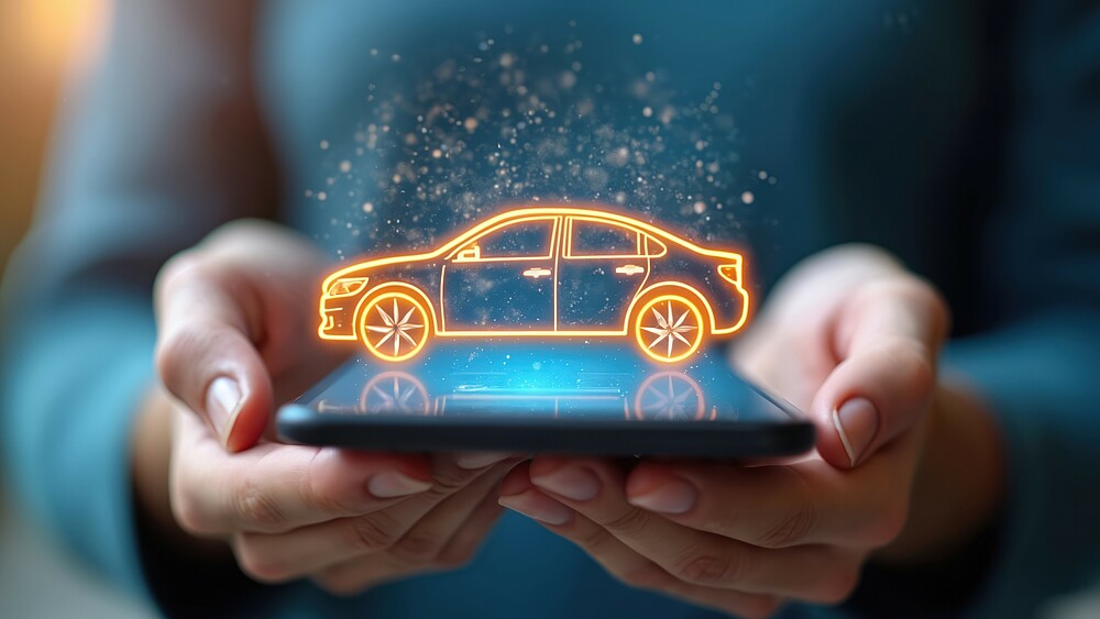 Hands holding smartphone with car icon symbol over screen. Buy or rent automobile online with mobile app. Digital service, transportation technology, online order. Hands holding smartphone with car icon symbol over screen. Buy or rent automobile online with mobile app. Digital service, transportation technology, online order.