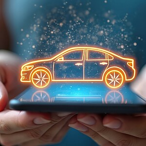 Hands holding smartphone with car icon symbol over screen. Buy or rent automobile online with mobile app. Digital service, transportation technology, online order.