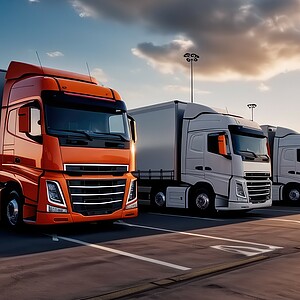 Car parking lot, Semi-Truck parked, Truck stop on Rest area On the highway.